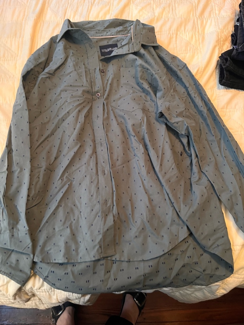 Wildfang Olive Green Shirt with Navy Dot Print